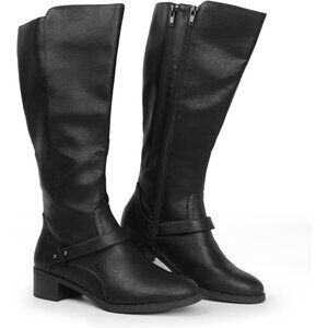 Hawkwell Women's Black Wide Calf Knee High Double Zipper Synthetic Riding Boots